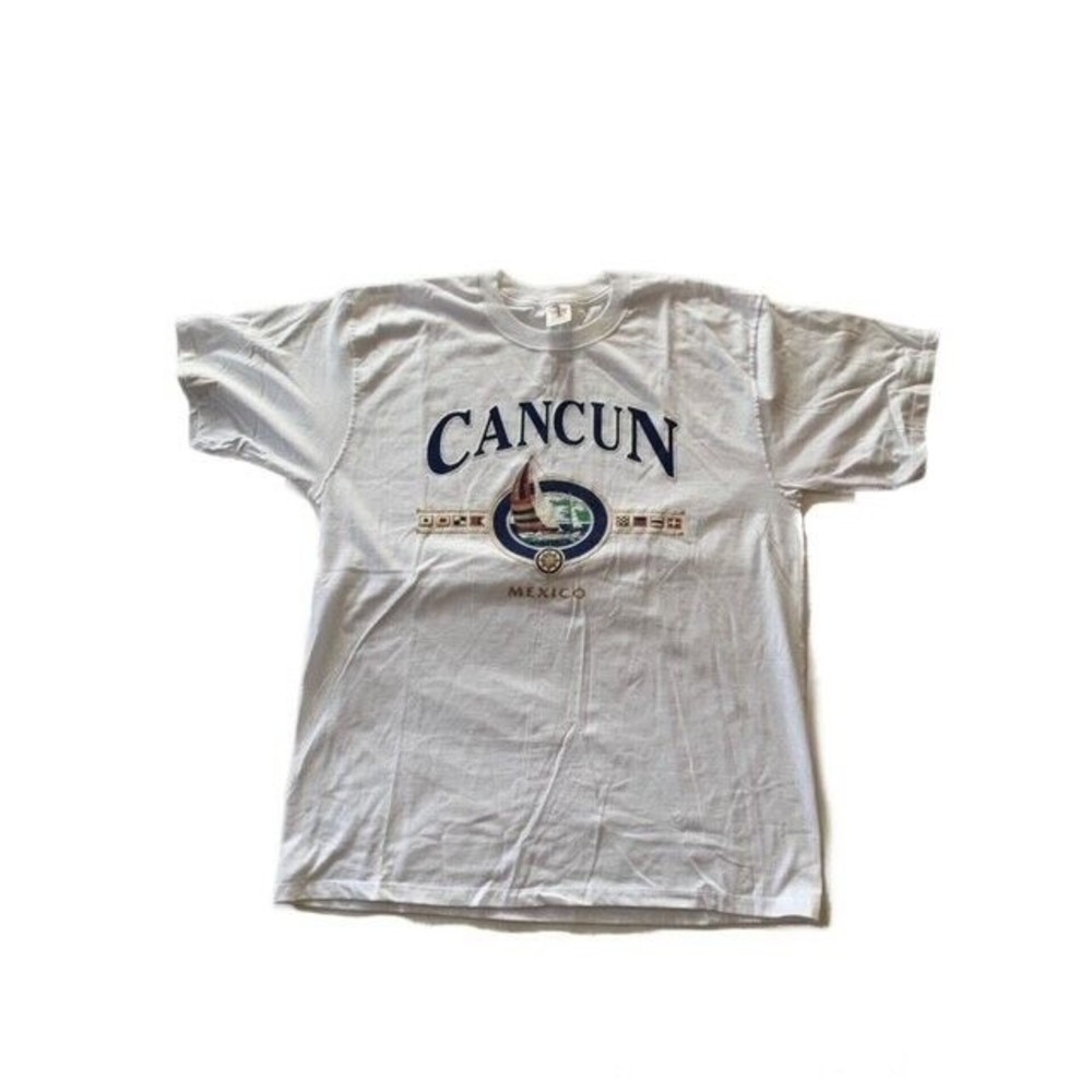 Vintage 90s Cancun Mexico Sailboat Souvenir T-Shirt XL Double Stitched Tropical